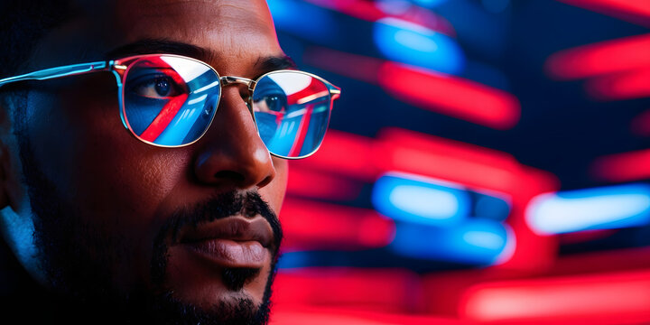 AI cyber security threat analyst illustration, black african american IT specialist, artificial intelligence technology collage. data analytics, digital technology and night overlay. Research