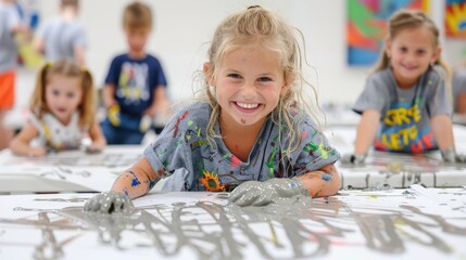 Fototapeta premium A young girl with blonde hair is smiling widely, covered in grey paint on her hands and wearing a colorful t-shirt, engaged in a fun and messy painting activity with other children in a classroom.