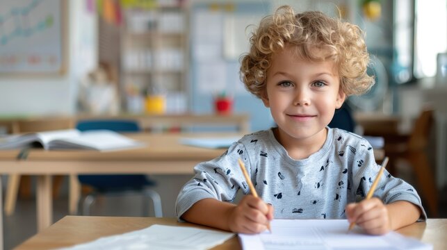 A young boy with curly blonde hair is sitting at a desk and writing with a pencil, exuding curiosity and concentration, surrounded by books and educational materials in a bright classroom setting.