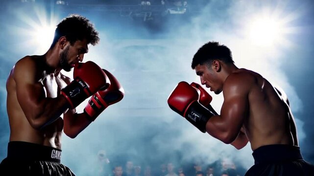 A World Championship Boxing Match features two male boxers engaging in a fierce exchange of punches under bright lights with sweat flying and intense competition.