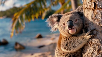 Obraz premium A cute koala is hugging a tree trunk on a beautiful tropical beach, with clear blue waters and lush greenery in the background, illustrating a serene and picturesque scene.