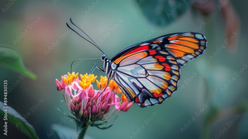 Poster macro close-up of a colorful butterfly perched on a flower, with delicate wings spread open.
