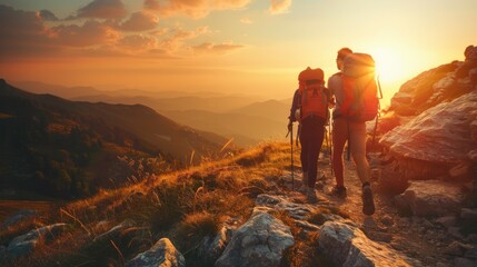 Obraz premium Couple Hiking Mountain Sunset