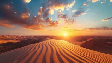 Panoramic view of a desert landscape at sunrise, with dunes bathed in golden sunlight.