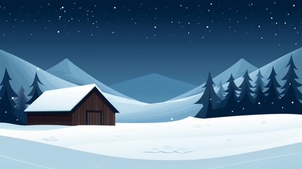 A serene winter landscape featuring a cozy cabin, snow-covered hills, and a starry night sky, perfect for winter-themed projects.