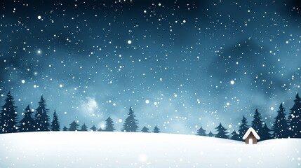 A serene winter landscape with falling snow, a cozy house, and dark evergreen trees against a blue evening sky.