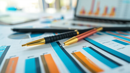 Fototapeta premium Business Graphs and Charts: Displayed on a table, illustrating financial development, banking accounts, and statistics.