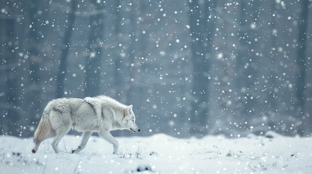 A white wolf walking alone in the snowfalls at winter time. AI generated image
