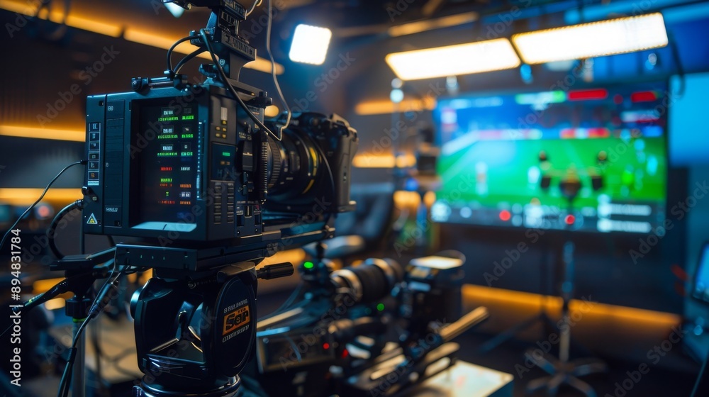 Poster A professional camera is set up in a studio, filming a sports event on a large screen. The camera is equipped with a lens and a monitor.