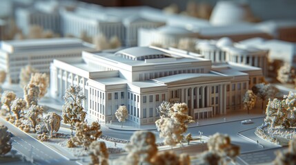 Generate a photo realistic image of a maquette showcasing a government building or civic center with administrative offices, public services, and ceremonial spaces.