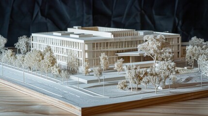 Generate a photo realistic image of a maquette showcasing a government building or civic center with administrative offices, public services, and ceremonial spaces.
