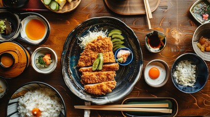 テーブルの上のとんかつ定食とコピースペース