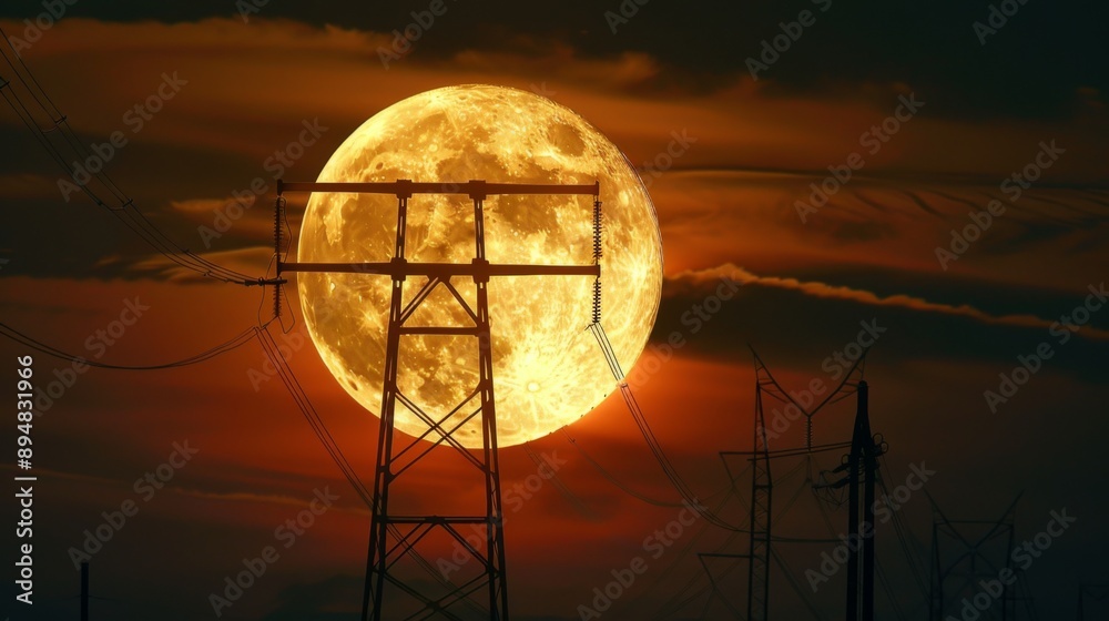 Aufkleber power lines silhouetted against a full moon, creating a striking and atmospheric image.