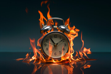 An alarm clock engulfed in flames, symbolizing the concept of time out or deadline pressure. This burning clock represents urgency, countdown, and the pressure of time running out