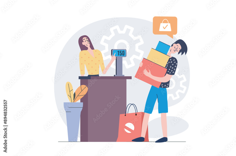 Poster shopping concept in modern flat design for web. man with packages doing bargain purchases in store, 