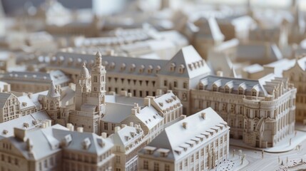 Generate a photo realistic image of a maquette illustrating a historical revitalization project, focusing on urban renewal and architectural conservation; ensure the image is of high resolution .