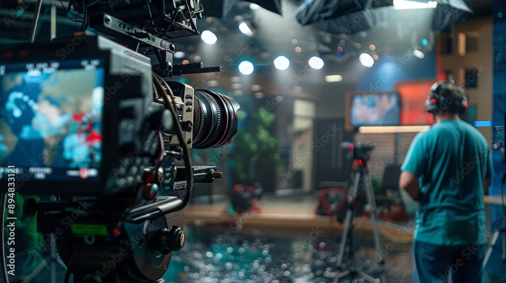 Poster a professional camera captures a man standing in a television studio with bright lights and a monito