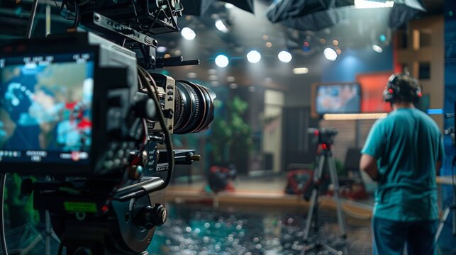 A professional camera captures a man standing in a television studio with bright lights and a monitor in the background.