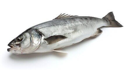 Obraz premium One raw fresh sea bass isolated on white background. AI generated image