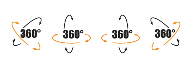 360-degree set of icons, in black and orange colors, 360-degree viewing angle, virtual reality.