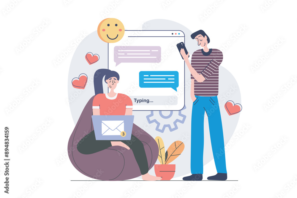 Aufkleber social network concept in modern flat design for web. woman and man sending messages in dating app, 