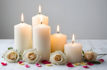 White candles with roses and flowers petals, funeral memorial, sympathy and condolences card, death notice. White roses, funeral flower.