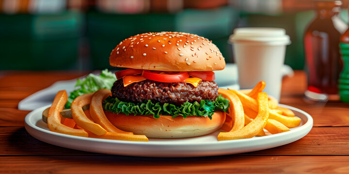 Rica hamburguesa de res con queso, lechuga, jitomate y papas fritas acompa&ntilde;ado de una malteada 