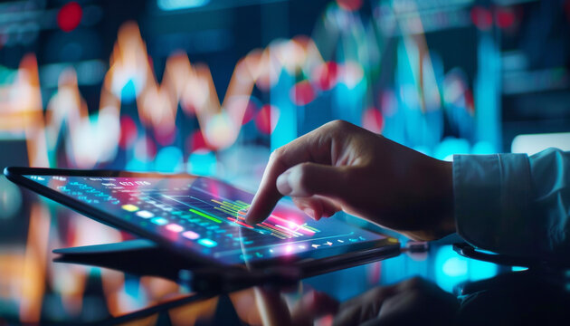 Uomo d'affari che utilizza il tablet analizzando i dati di vendita e il grafico della crescita economica, la tecnologia e la connessione alla rete globale del cliente con le icone. Strategia d'affari.