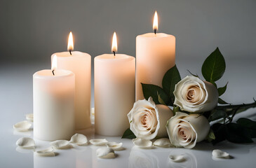 White candles with roses and flowers petals, funeral memorial, sympathy and condolences card, death notice. White roses, funeral flower.