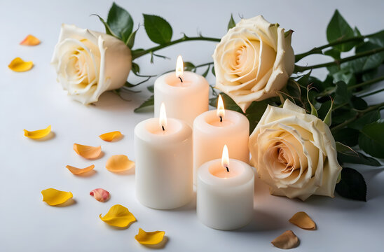 White candles with roses and flowers petals, funeral memorial, sympathy and condolences card, death notice. White roses, funeral flower.