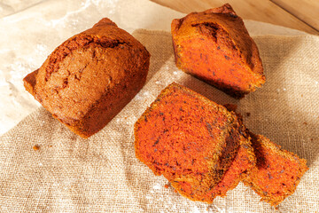 Bread with the addition of beets on canvas fabric. The concept of fortification of bread with useful additives.