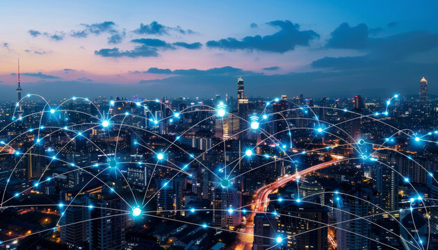 Citt&agrave; circondata da linee curve che rappresentano le trasmissioni di dati, sottolineando il concetto di citt&agrave; connessa digitalmente