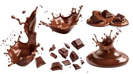 Chocolate drops with bar, dark brown liquid glossy ganache sauce or syrup blobs, and melt smudges, pouring. Isolated on a transparent background. PNG cutout or clipping path.