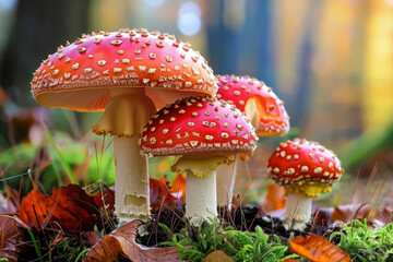 Fototapeta premium Shot of fly agarics in the forest glowing in soft sun light