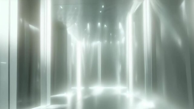 An ethereal room is illuminated by numerous beams of light piercing through a haze, creating a mystical ambiance. The interplay of light and shadows evokes a tranquil, dreamlike atmosphere. The scene