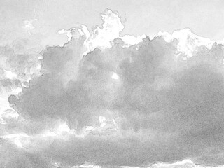 White fluffy clouds in the deep blue sky. Heaven background. Hand drawn pencil sketch illustration
