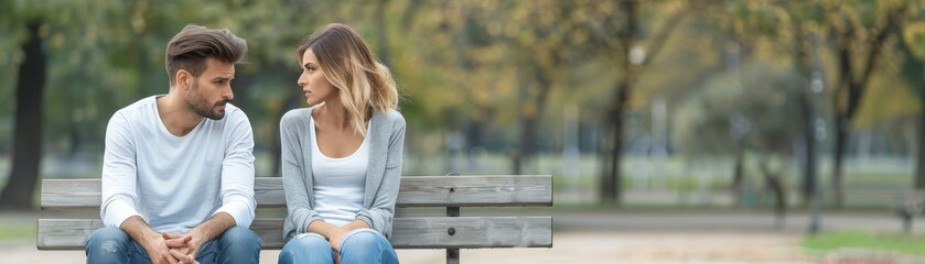 Fototapeta premium Marital Conflict on a Park Bench A Couple Grappling with Communication Issues in a Serene Outdoor Setting