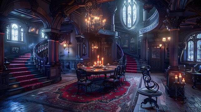 An antique vampire castle is set in an elegant Victorian living room for adventure games. Castle of Dracula vampire of Transylvania. 3D illustration and Halloween theme and horror background.
