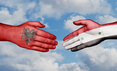 Syria and Albania country handshaking with flags, consensus concept international co-operation illustration