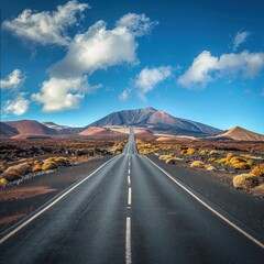 Asphalt Road Leading to the Volcanic Mountains