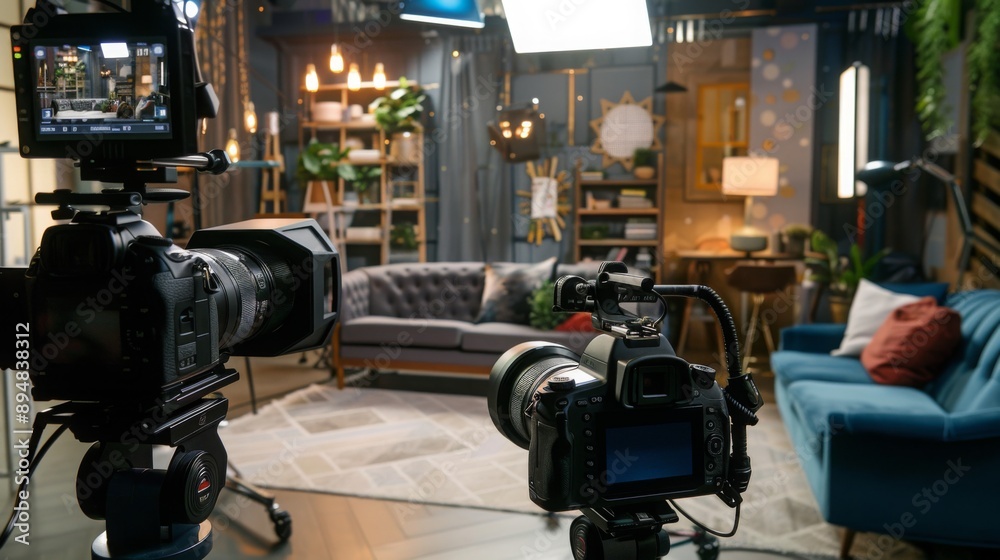 Poster two cameras are set up in a studio apartment, capturing a scene featuring a couch and other furnitur