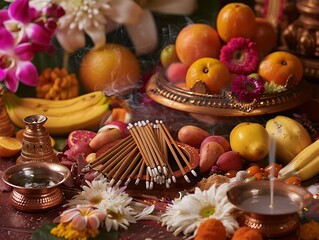 Fototapeta premium A close-up of Navaratri puja items including incense sticks, fruits, flowers, and holy water, arranged beautifully on a decorated altar.