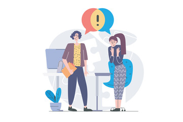 Teamwork concept in modern flat design for web. Team staff cooperating and brainstorming in office, discussing project goals and marketing strategy, doing challenges and tasks. Vector illustration.