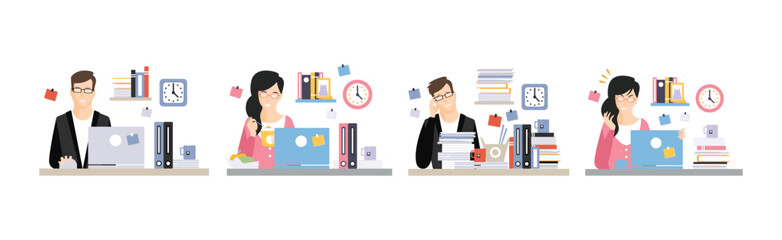 Man and Woman Office Clerk and Employee at Desk with Laptop Vector Set