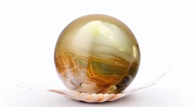 Pearlescent green colored pearl with swirling pattern. Different shades. White background.