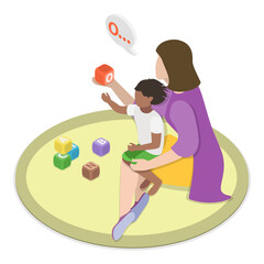 3D Isometric Flat Vector Illustration of Autism Treatment, Delayed Language Skills, Developmental Disorder. Item 3