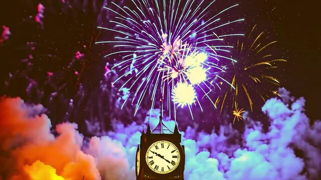 Colorful fireworks exploding in the night sky as the clock strikes midnight