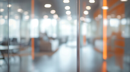 Blurred empty open plan office with chair and table with modern window with bokeh lights in the background, office interior for design