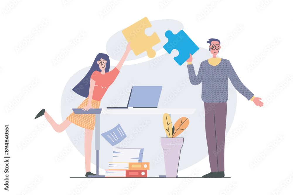 Aufkleber teamwork concept in modern flat design for web. man and woman cooperating and brainstorming in offic