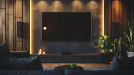 Black TV screen, blank for advertising messages Above the sofa, wooden table and sofa in the living room, hall, modern spacious office. 3D rendering.
